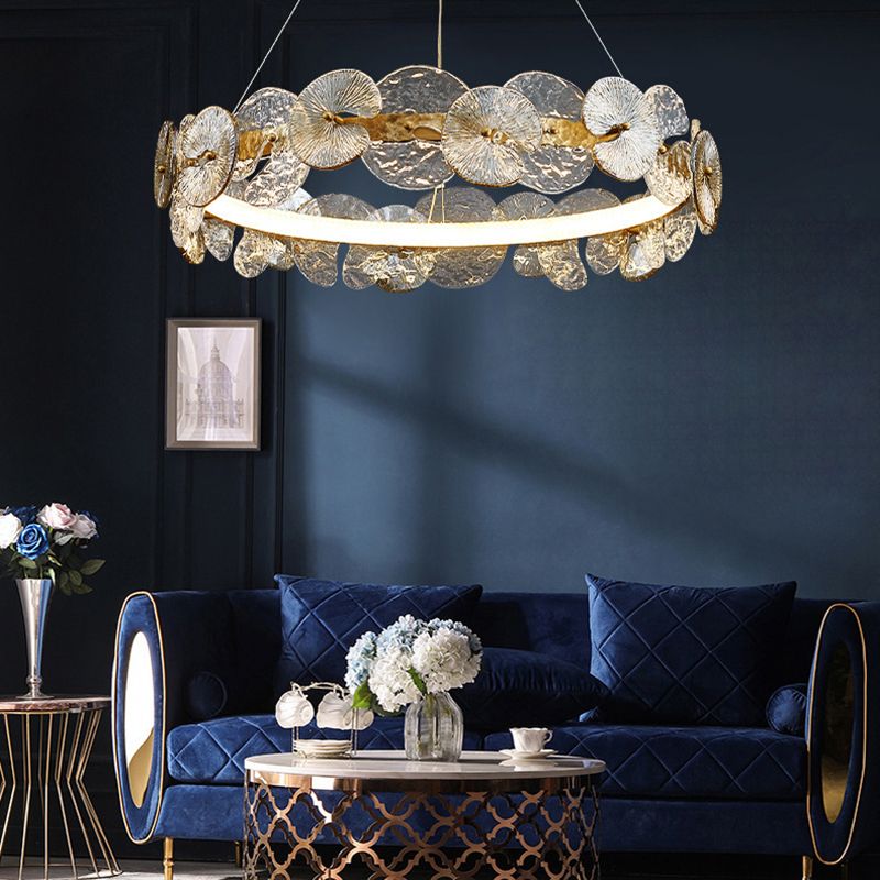 Lustre de style américain luminaire lustre en verre métallique rond en or