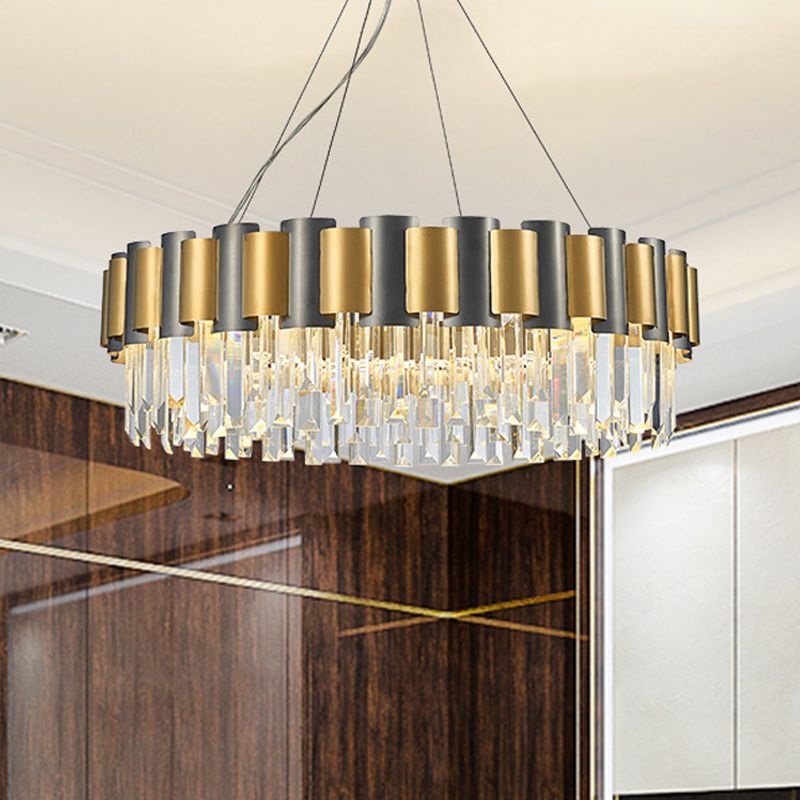 Round Dining Room Chandelier Postmodern Clear Crystal 8 Bulbs Black and Gold Pendant