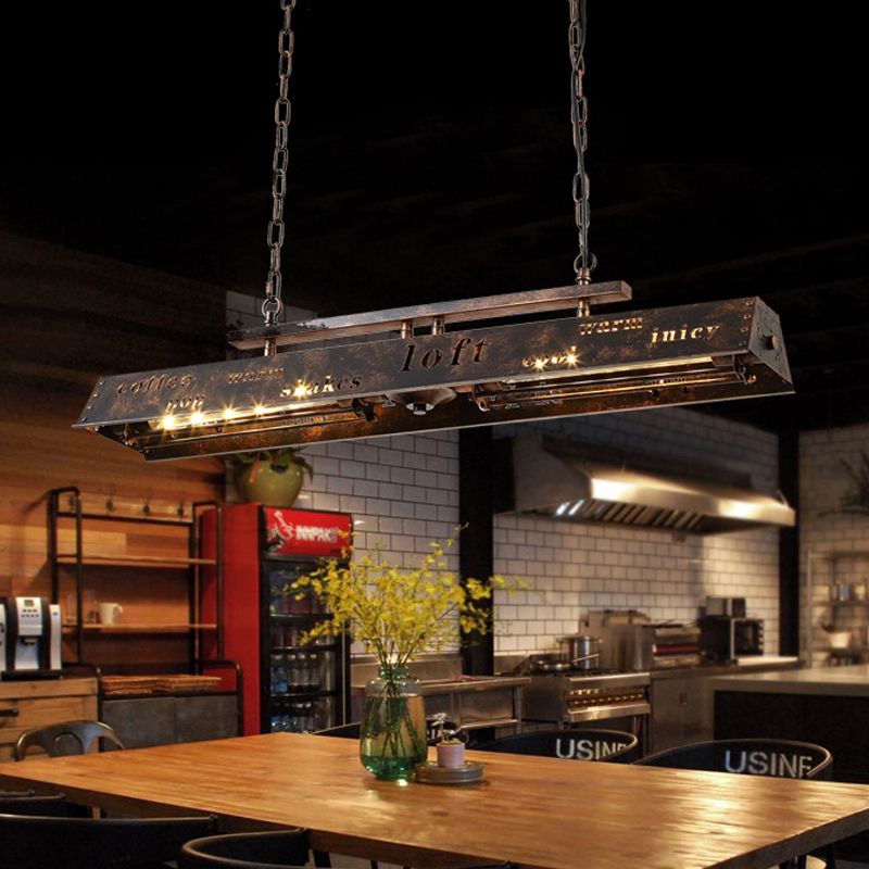 Metal Brass Island Pendant Light Rectangle 2 Heads Loft Style Hanging Lamp with Etched Letter