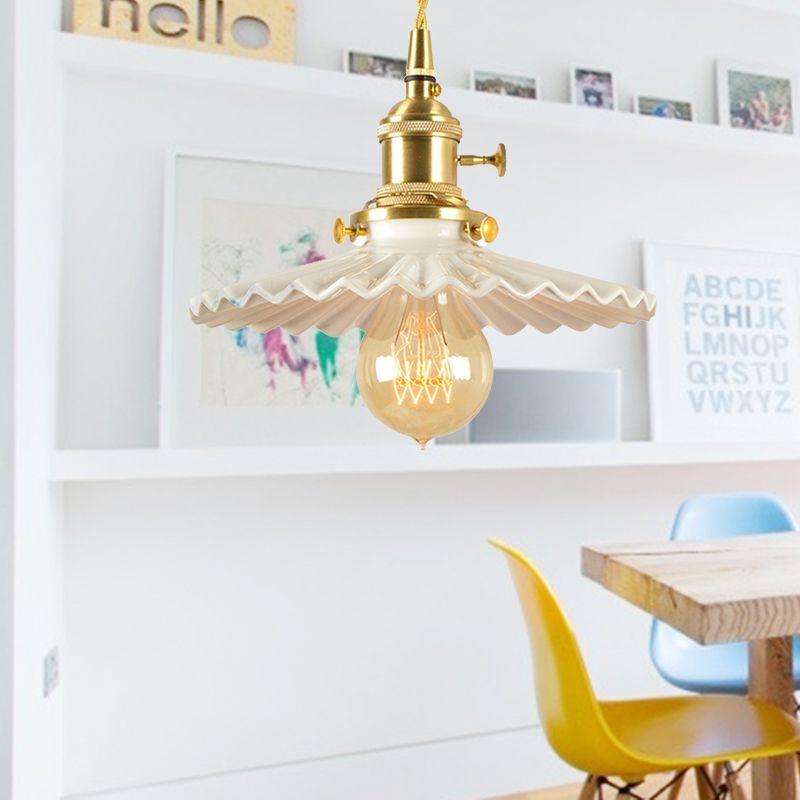 Scalloped Shade Iron Ceiling Pendant Light Retro 1 Head Living Room Hanging Lamp in White