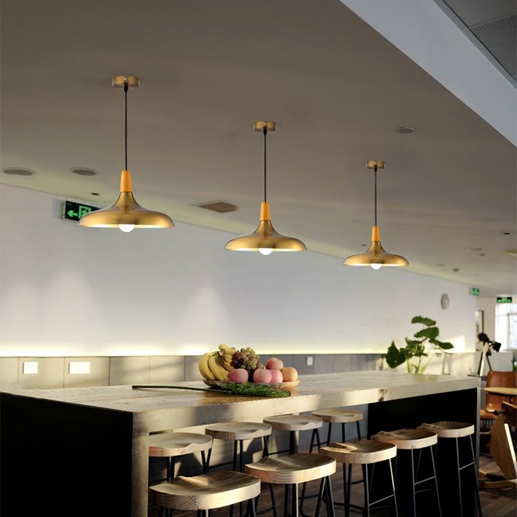 Gold Wood Capped Ceiling Pendant Light Minimalist Style Metal Hanging Light Fixture