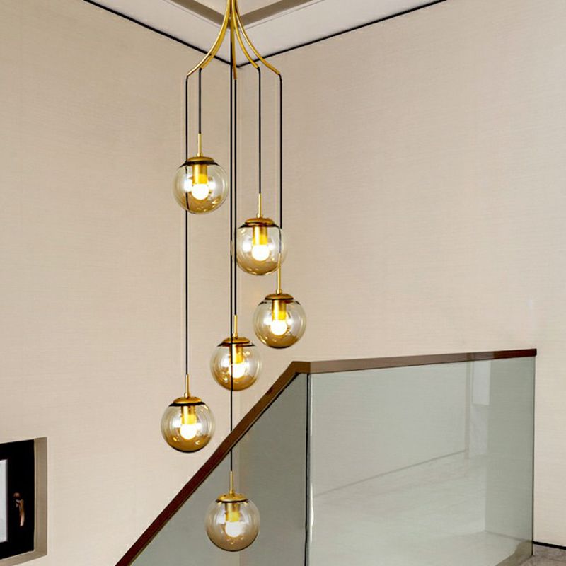 Cognac Glass Ball Pendant Lighting Postmodern Gold Multi Hanging Light Fixture for Villa
