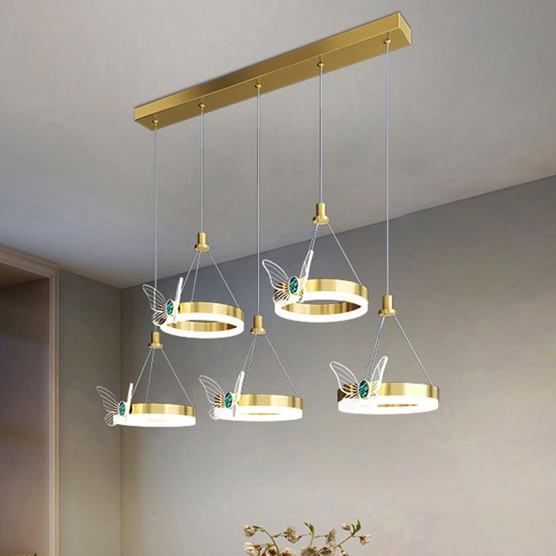 Brass Ring LED Pendant Minimalist Metal Hanging Light with Butterfly Decoration