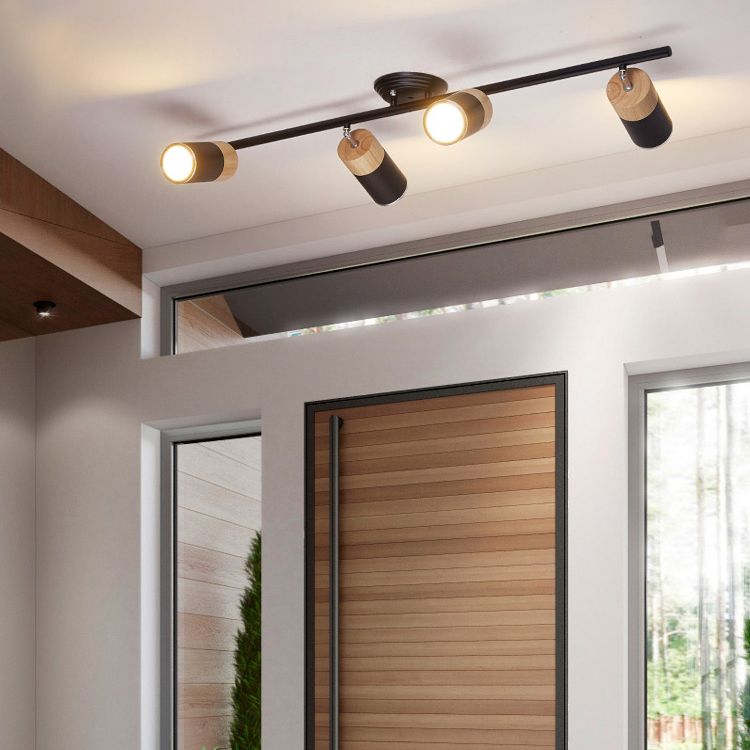 Nordic Cylindrical Metal and Wooden Cylindrical Track Spotlights Flush Mount Ceiling Light Fixtures for Foyer and Shop