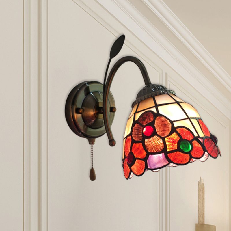 Orange Flower Wall Lighting Country Stained Glass 1 Head Wall Fixture Light with Pull Chain for Hallway
