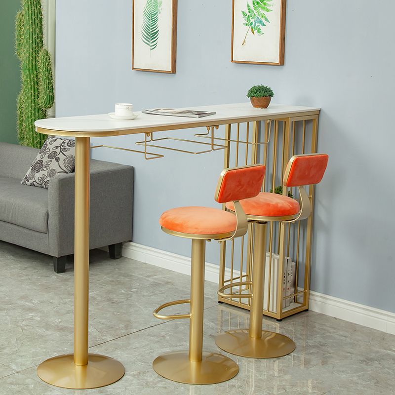 White Stone Glam Indoor Bar Dining Table Gold Double Pedestal Bistro Table with Shelve