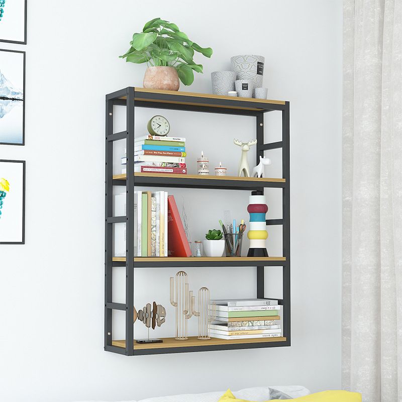 Industrial Wall Unit Bookshelf Black Steel Frame Natural Manufactured Wood Shelf Bookshelf