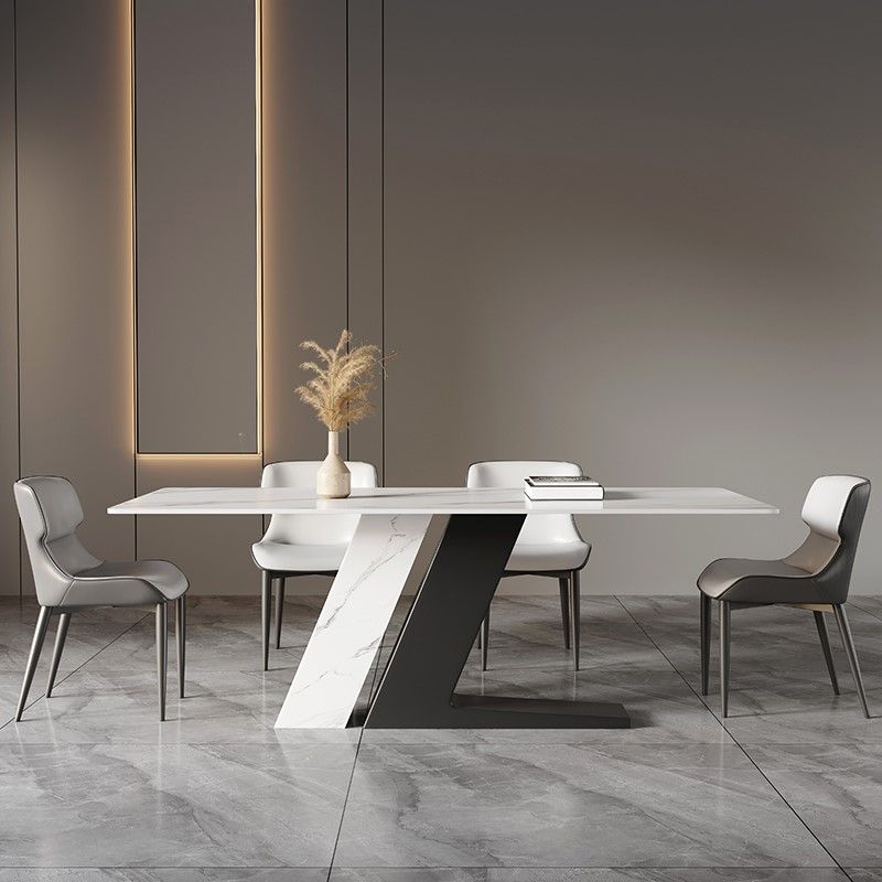 Table à manger rectangulaire en pierre frittée de luxe, blanche, avec base à double piédestal