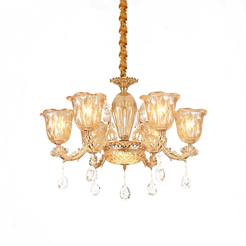 Gold 6-Bulb Pendant Light Fixture Mid Century Amber Glass Floral Chandelier with Crystal Drop