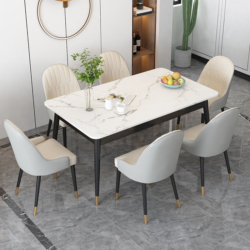 Luxury Rectangle Dining Table White Sintered Stone Top Table with 4 Iron Legs