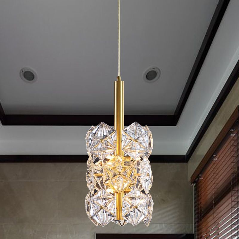 Hexagonal K9 Crystal Cylinder Drop Lamp Simplicity 6-Bulb Bedroom Hanging Pendant Light in Gold