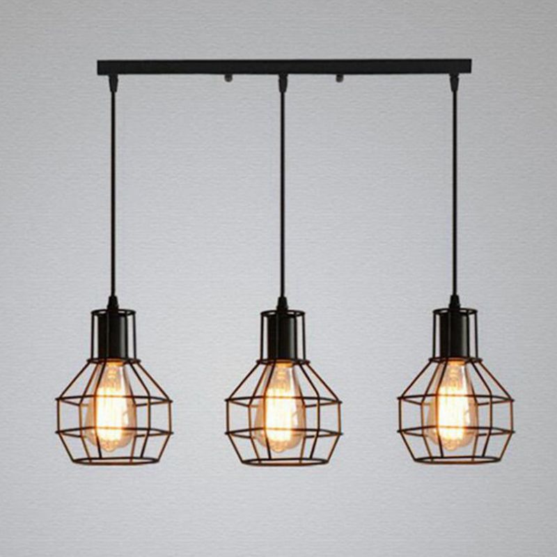 3-Lights Iron Cage Island Light 21.5 Inches Length Industrial Style Black Metal Hanging Light for Kitchen Bar