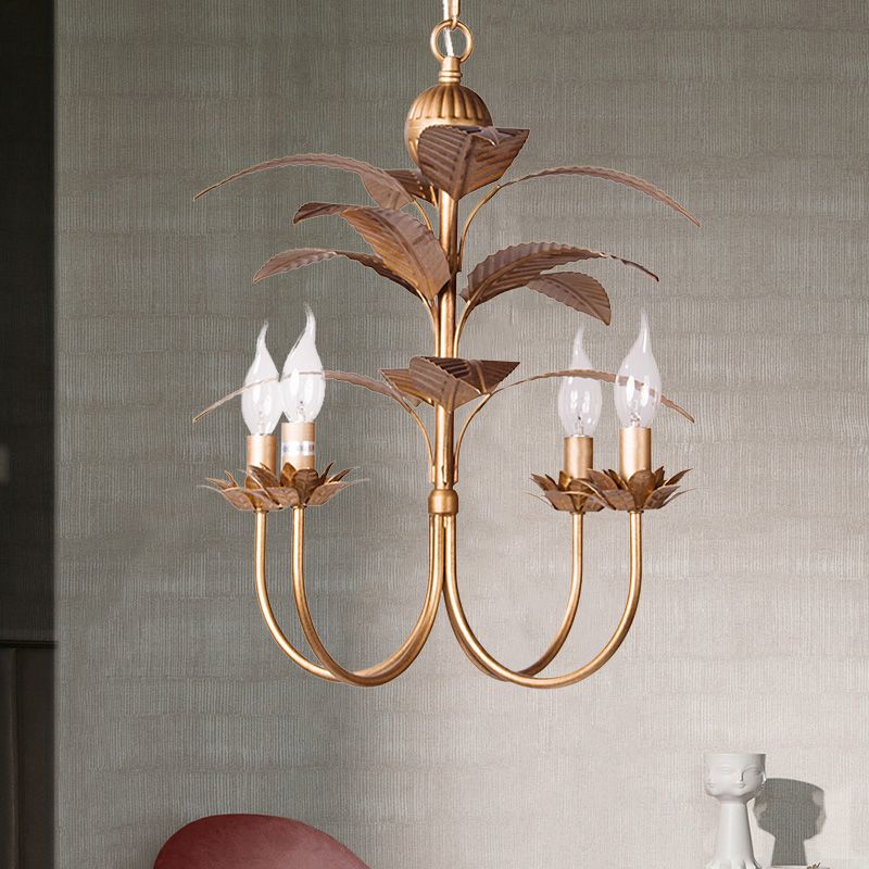 Spur Pendant Chandelier Traditional Metal 4 Bulbs Brass Hanging Ceiling Light with Leaves