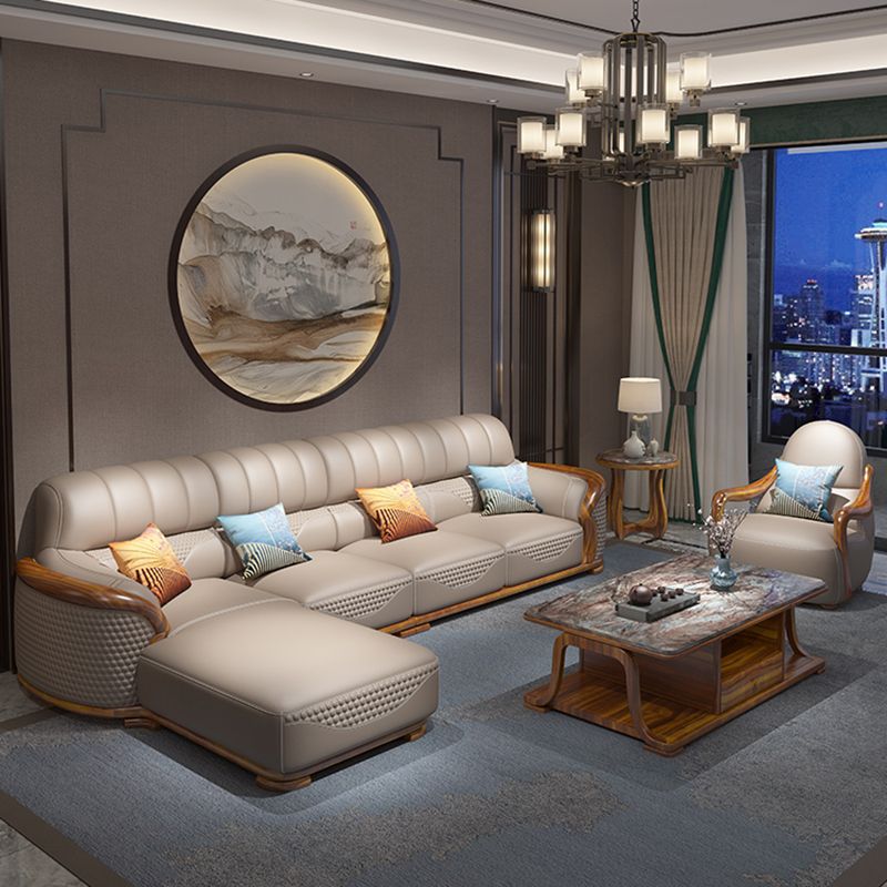 Solid Wood L-Shape Sectional Sofa Genuine Leather 3/4-Seat Sofa with Chaise