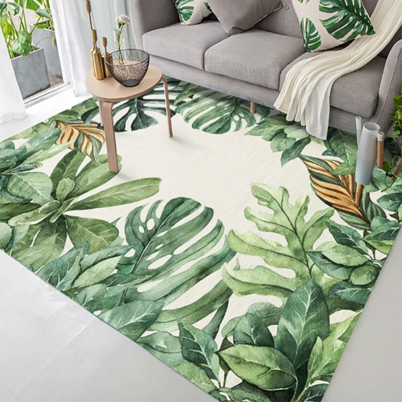 Green Modern Area Carpet Leaf Pattern Polyester Area Rug Stain Resistant Rug for Living Room