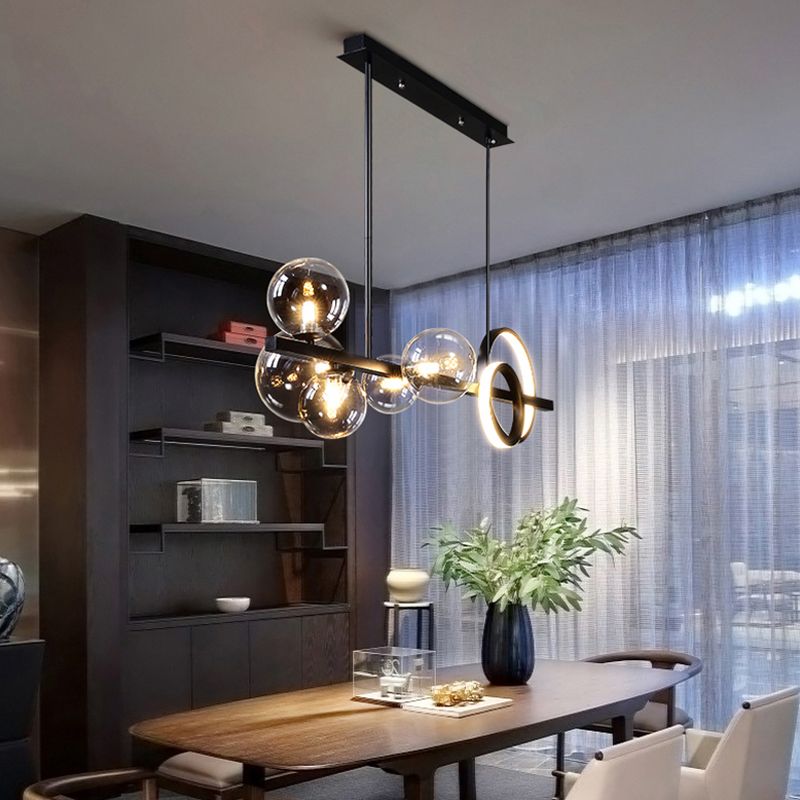 Light Light Modern Pendant Lighting Sphérique Hanging Island Lights avec une teinte en verre transparent