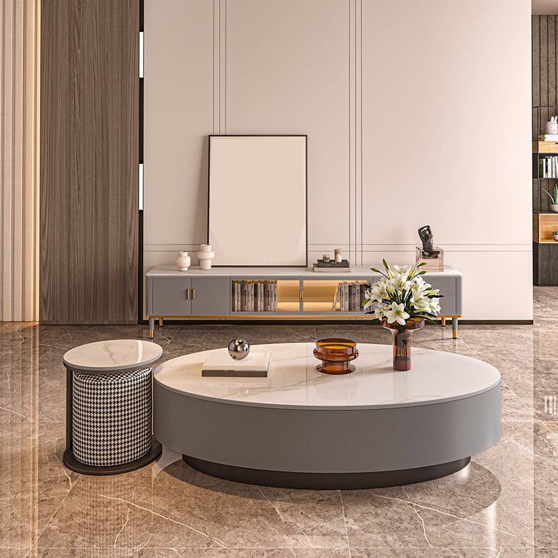 Glam Slate Coffee Table Oval Pedestal Coffee Table with Drawer