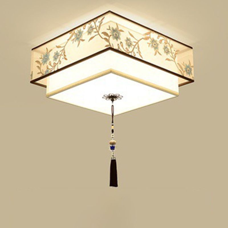 Geometric LED Ceiling Light in Traditional Classic Style Wrought Iron Flush Mount with Embroidered Fabric Shade
