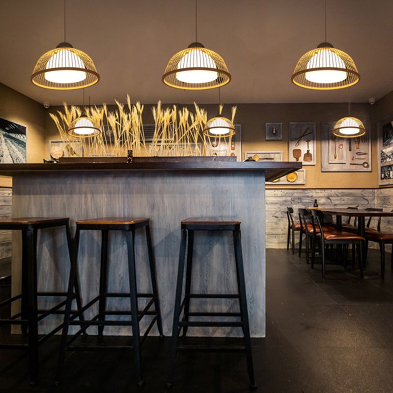 Hemispherical Bamboo Ceiling Light Asian Style 1 Bulb Wood Hanging Lamp for Restaurant