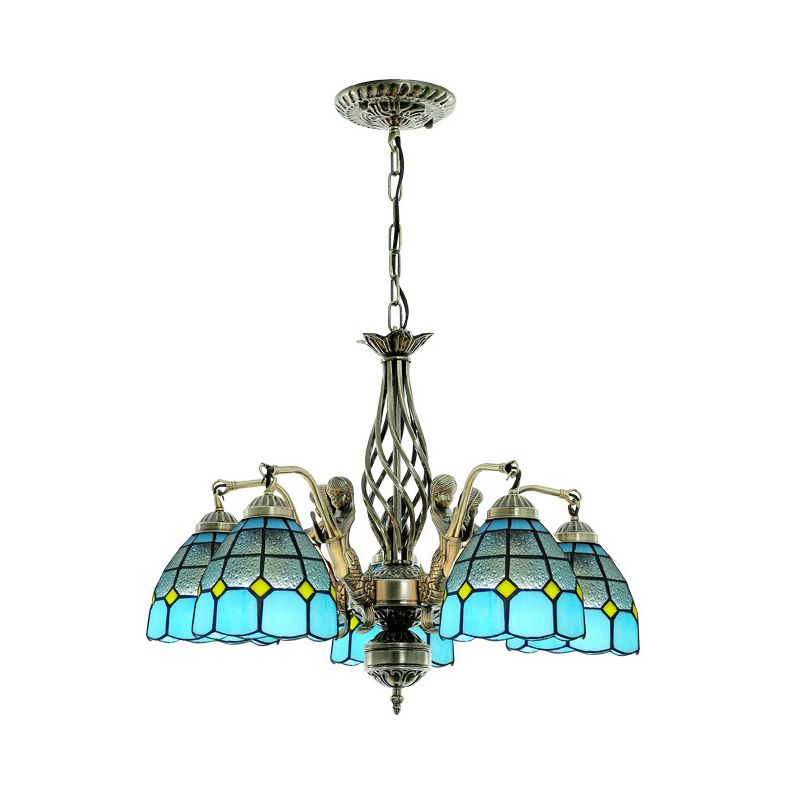 Kuppel Buntglas Kronleuchter Lampe Tiffany Style 5 Lichter Blau Anhänger Beleuchtung