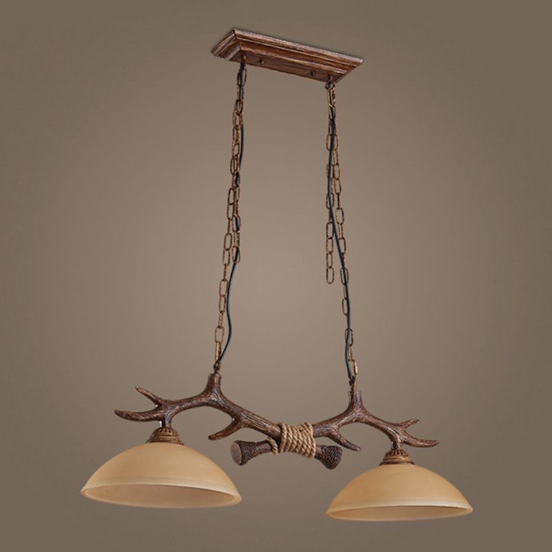 2 - Light Kitchen Island Light Wood & Dome Glass Shade Ceiling Pendant with Antlers Accent