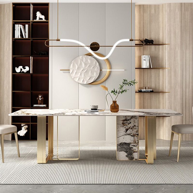 Luxury Style Sintered Stone Dining Table Double Pedestal Base Rectangle Table