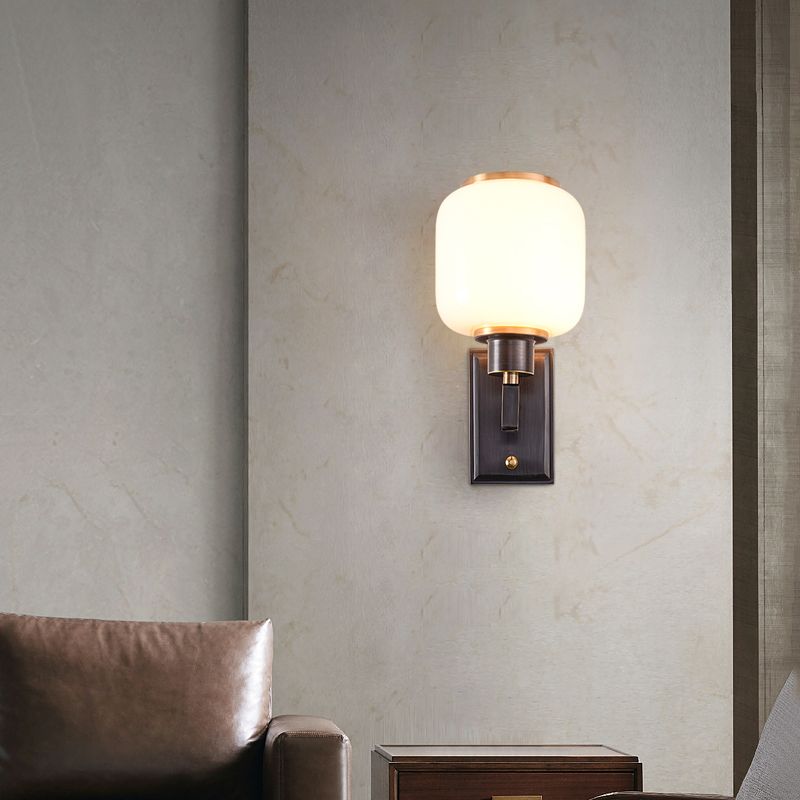 Modern Metal Wall Sconce Lantern Shape Wall Light with Glass Shade for Bedroom