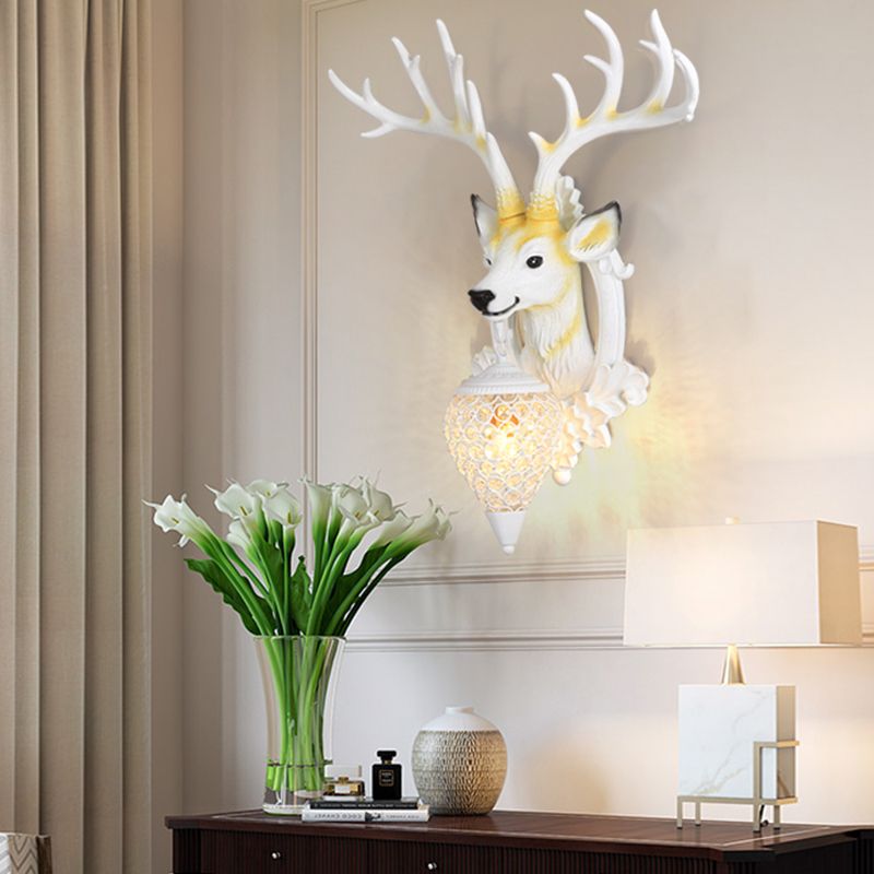 Crystal Ball Shade Wall Lighting with Elk Backplate 1 Light Countryside Sconce Light Fixture in White/Gold