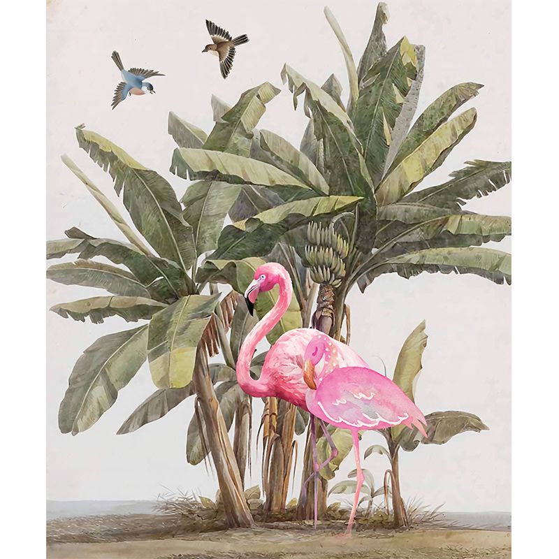 Bird and Flamingo Mural Wallpaper for Girl's Bedroom Decoration, Pink and Green, Made to Measure