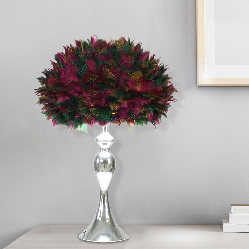 Black/Purple Dome Night Lamp Modern 1-Bulb Feather Table Light with Chrome Baluster Base