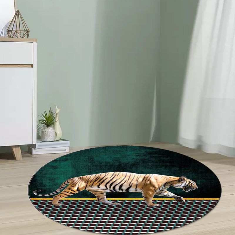 Simple Modern Rug in Brown and Blue Animal Tiger Triangle Pattern Rug Polyester Anti-Slip Backing Carpet for Home Decor