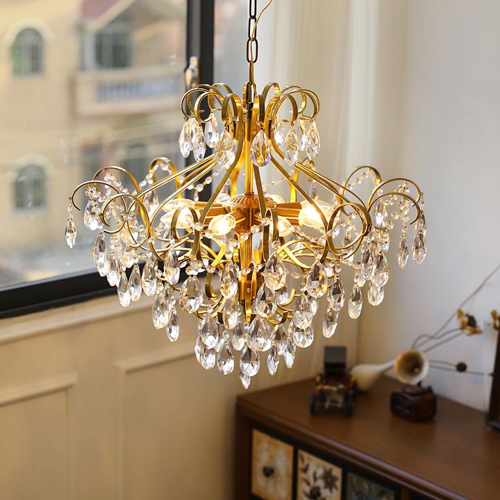 Brass Scrolls Chandelier Pendant Countryside Crystal Dining Room Hanging Light
