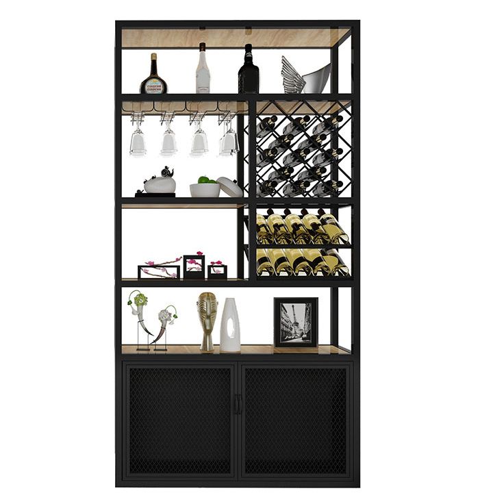 Industrial Freestanding Wine Bottle & Glass Rack Metal Bottle Holder with Shelf