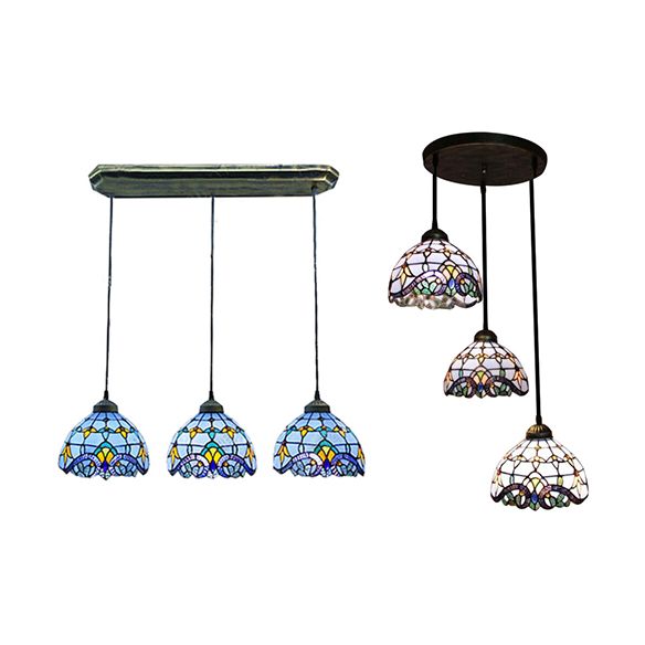 Victorian Dome Pendant Light Stained Glass 3 Heads Linear/Round Hanging Light in White/Blue for Dining Room