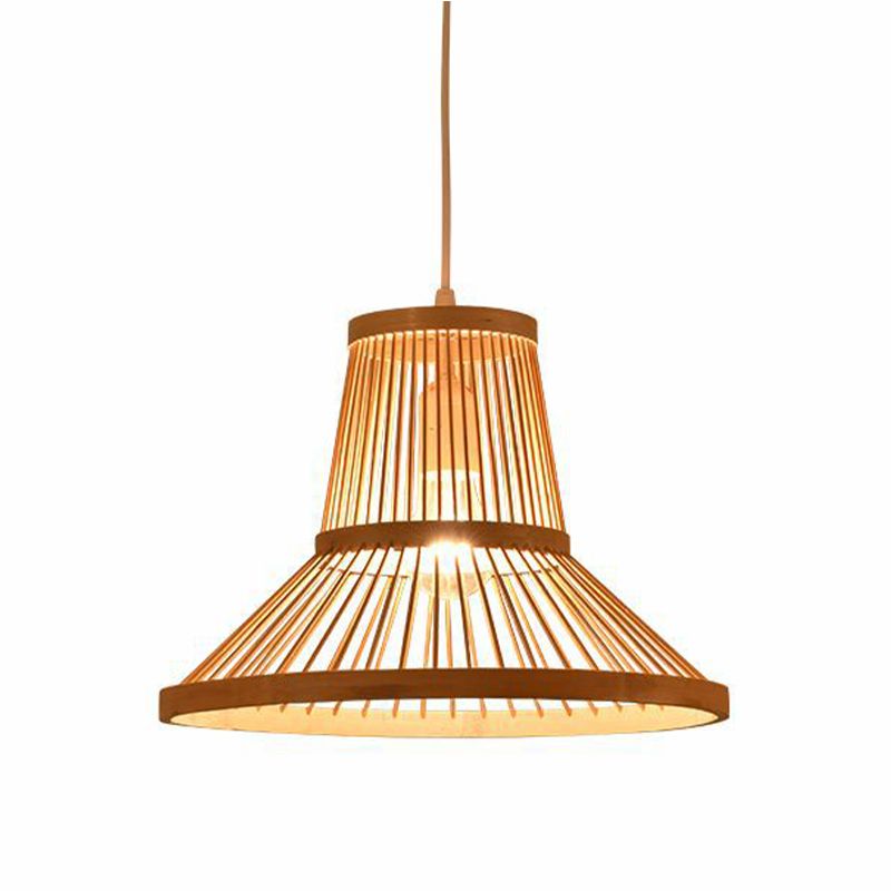 1 Light Living Room Pendant Lamp Modern Wood Down Lighting with Cone Bamboo Shade