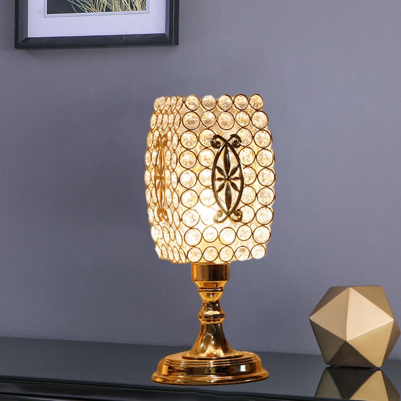 Gold Geometry Reading Light with Grid/Dot Design Modernist 1-Light Crystal Encrusted Nightstand Lamp for Bedside