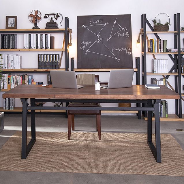 Industrial Pine Wood Table for Restaurant Rectangle Table with Metal Double Pedestal