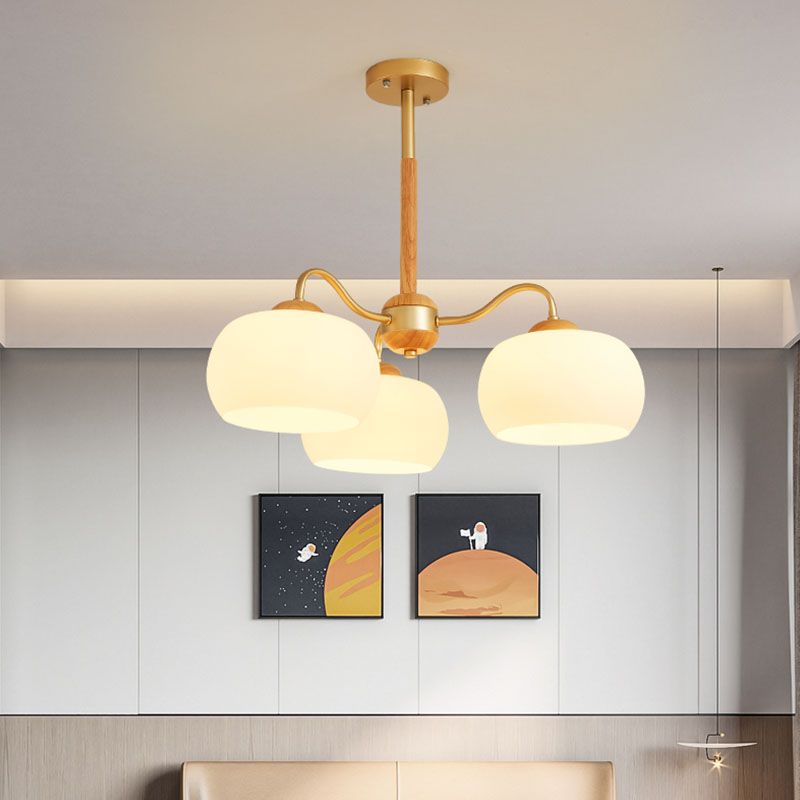 Solid Wood Domed Chandelier Lighting Nordic Hanging Light with White Glass Shade