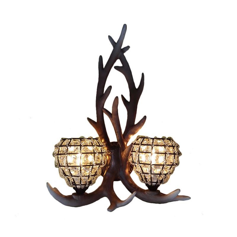Resin Antler Wall Lighting Country 2-Light Bedroom Sconce Light Fixture in Brown/Gold with Globe Crystal Shade
