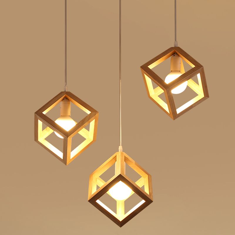 Log Color Square Pendant Light in Modern Concis Concis Wooden Intérieure en bois lampe de suspension intérieure