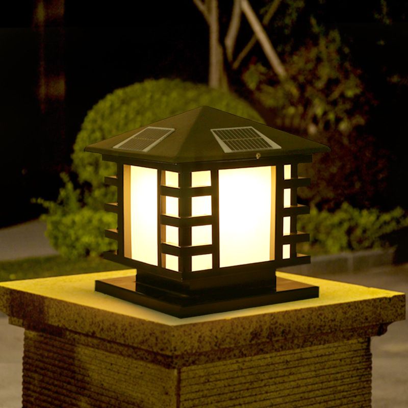 Metal Rectangle Shape Solar Pillar Lamp Modern 1 Light Waterproof Outdoor Light in Black