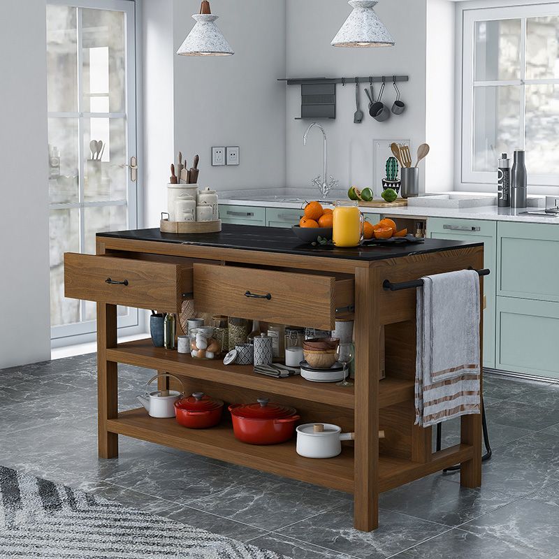 Modern Kitchen Island Table Pine Solid Wood Prep Table with Towel Rack