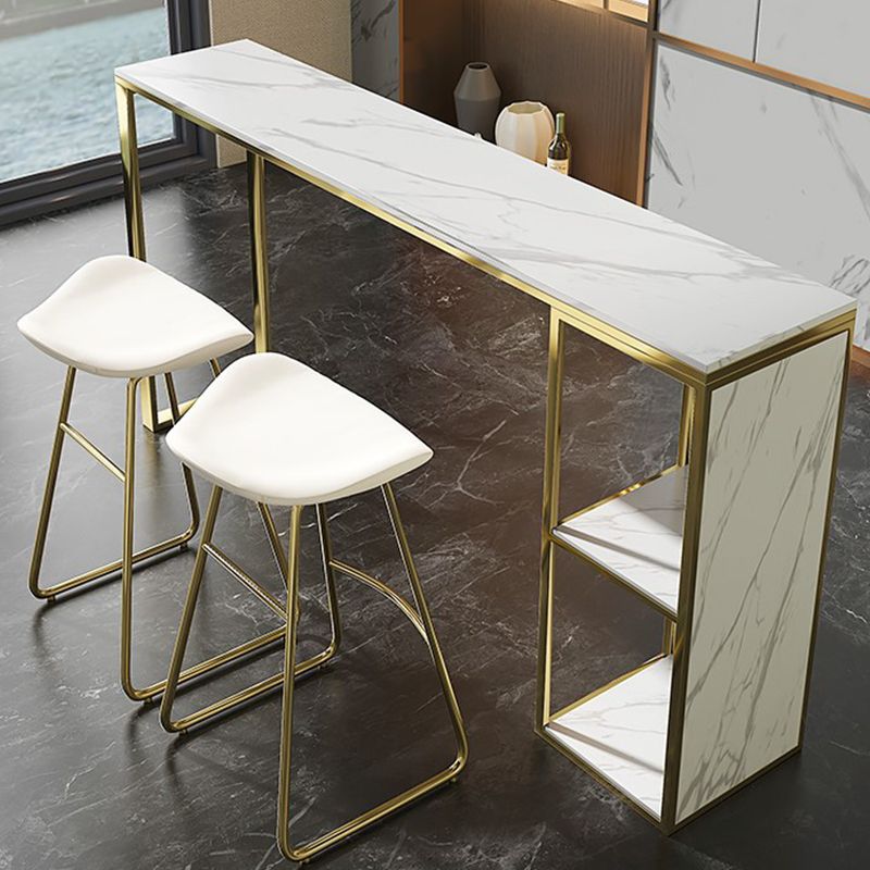 Glam Rectangle Bar Table Faux Marble Double Pedestal Table with Storage