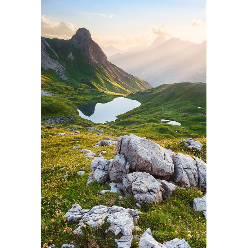 Mountain Puddle Scenery Wall Mural Modern Smooth Wall Covering in Green for Living Room