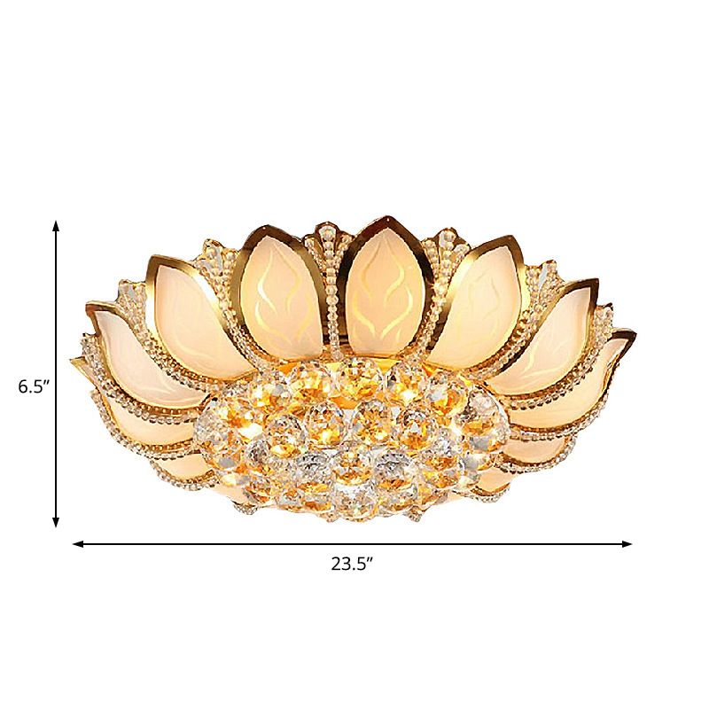Vintage bloemblaadje verzonken plafondlamp matglas multi-licht plafondgemonteerd licht met heldere kristallen bol deco in goud, 18"/19,5" W