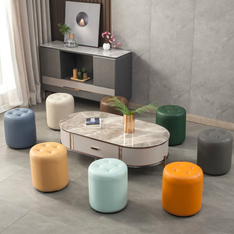 Dark Green Contemporary Pouf Pure Color Round Leather Indoor Pouf