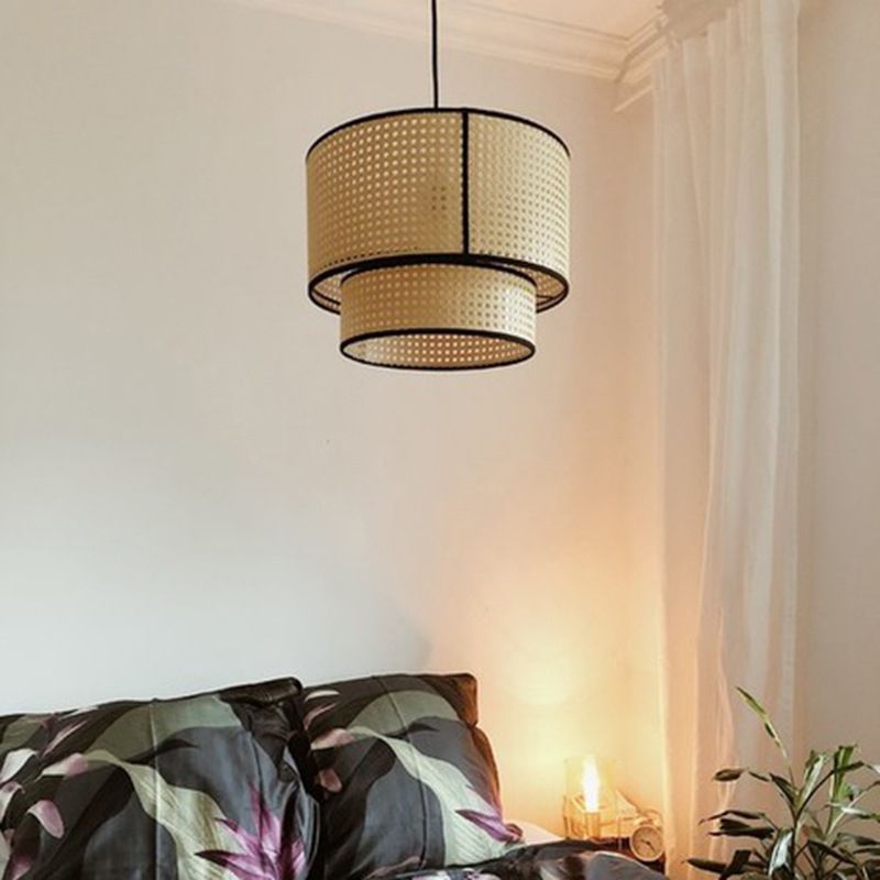 Beige Hand-Worked Pendant Chinese Style 1 Bulb Bamboo Cylindrical Hanging Light for Dining Table