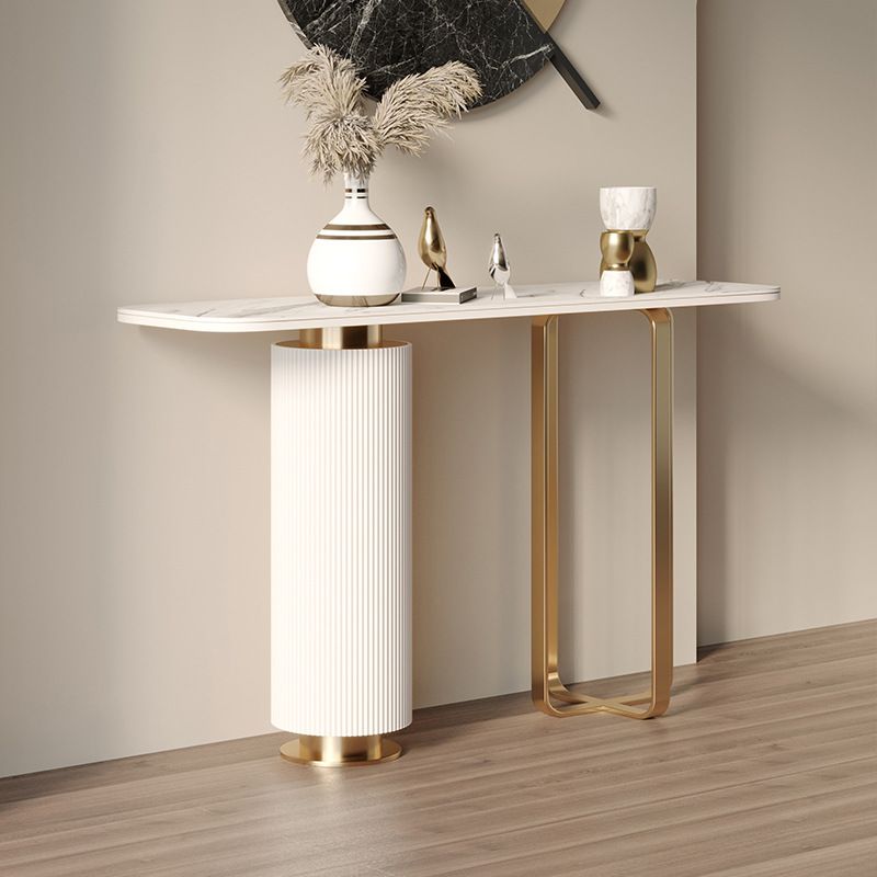 Glam Stone Console Sofa Table Rectangle Metal End Table for Hall