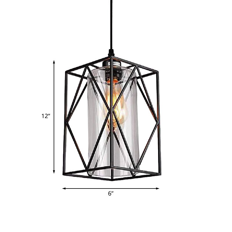 Black Cylinder Pendant Ceiling Light Farmhouse Clear Glass/Fabric 1 Light Living Room Hanging Lamp with Plug