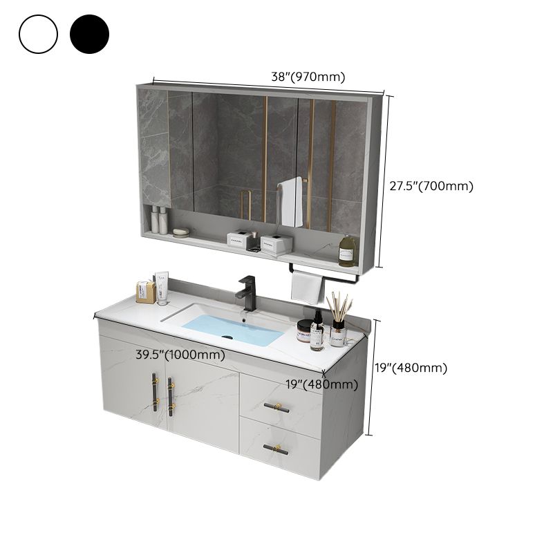 Stone Top Vanity Set Single Sink Mirror Drawers Wall-Mounted Rectangle Vanity with 2 Doors
